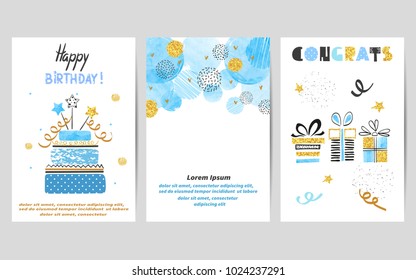 Happy Birthday cards set in blue and golden colors. Celebration vector templates with birthday cake and gifts.