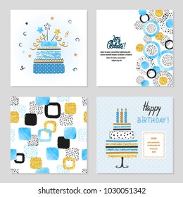 Happy Birthday cards set in blue and golden colors. Celebration vector illustrations with birthday cakes.