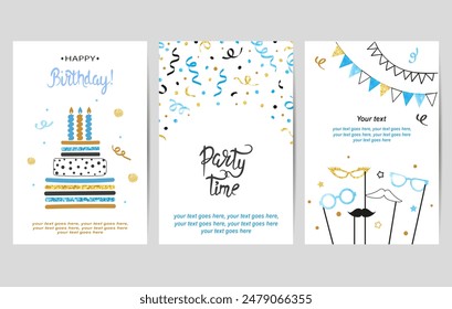 Happy Birthday cards set in blue and golden colors. Celebration vector posters with birthday cake and confetti