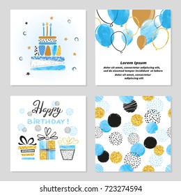 Happy Birthday Cards Set In Blue And Golden Colors. Celebration Vector Illustrations With Birthday Cake, Balloons And Gifts.