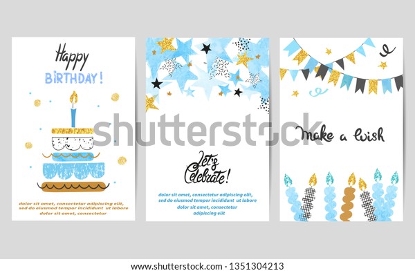 青と金色のカラーを設定したハッピーバースデーカード お祝いのベクター画像テンプレートと誕生日ケーキ のベクター画像素材 ロイヤリティフリー