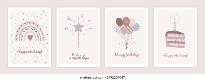 Happy birthday cards set in cartoon design. Trendy collection of birthday elements. Simple flat style.  Vector illustration.
