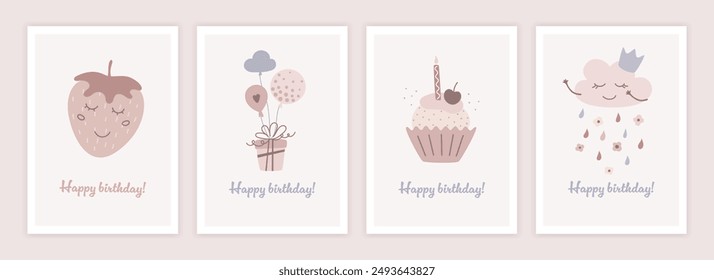 Happy birthday cards set in cartoon design. Trendy collection of birthday elements. Simple flat style.  Vector illustration.
