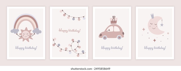 Happy birthday cards set in cartoon design. Trendy collection of birthday elements. Simple flat style.  Vector illustration.
