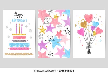 Happy Birthday cards set. Celebration vector colorful templates with birthday cake, balloons and stars.