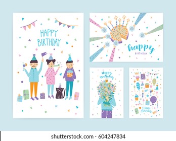 Happy birthday cards set. Collection of cartoon postcards.