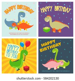 Happy Birthday cards set with colored funny dinosaurs. Collection of hand drawn  greetings  cards with cartoon monsters. Vector illustration. Isolated