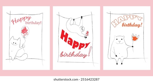 Happy birthday cards set with cute outline cat with baloon, capybara with flower and sloth with ice-cream. 