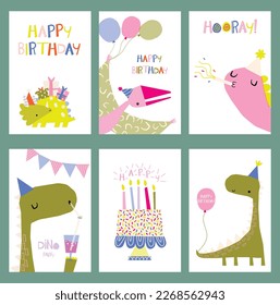 Happy birthday cards set with dinosaurs. Vector illustrations