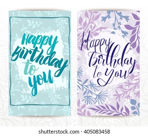 Happy Birthday cards set. Flyers collection with bright floral background and lettering. Birthday party invitations
