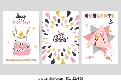 Happy Birthday cards set in pink, black and golden colors. Celebration vector illustrations with birthday cake and champagne glasses.