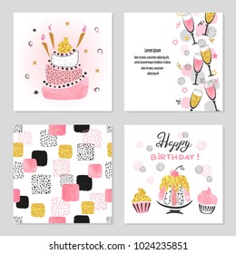 Happy Birthday Cards Set In Pink And Golden Colors. Celebration Vector Illustrations With Birthday Cake And Champagne Glasses.