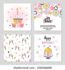 Happy Birthday Cards Set In Pink And Golden Colors. Celebration Vector Illustrations With Birthday Cake, Champagne Glasses.