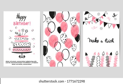 Happy Birthday cards set in pink and black colors. Celebration vector illustrations with birthday cake and balloons.