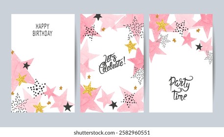 Happy Birthday cards set with pink and golden stars. Celebration vector templates