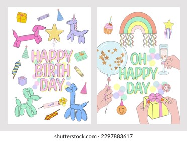 Happy Birthday cards set with retro nostalgia elements 70s, 80s, 90s style. Editable vector illustration.