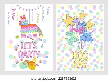 Happy Birthday cards set with retro nostalgia elements 70s, 80s, 90s style. Editable vector illustration.