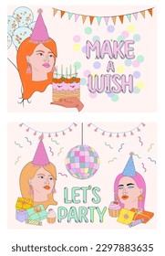 Happy Birthday cards set with retro nostalgia elements 70s, 80s, 90s style. Editable vector illustration.
