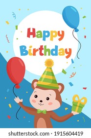 Happy Birthday cards template for postcards and invitations. Jungle animals. Funny cartoon monkey with balloons and gifts. Vector illustration.