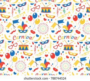 Happy Birthday or Carnival seamless pattern with mask feathers, balloons, confetti. Party endless background. Purim texture, wallpaper. Festival backdrop. Vector illustration