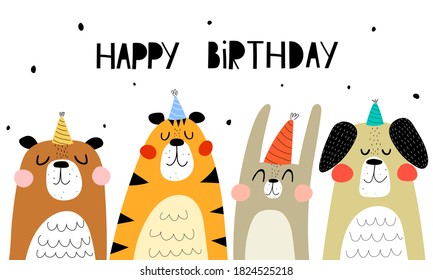 Happy birthday. cartoon animals, hand drawing lettering, decorative elements. Colorful holiday vector illustration, flat style. Design for greeting cards, prints, posters