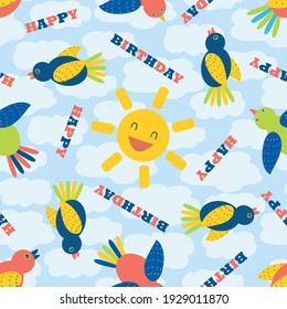 Happy Birthday cartoon bird and laughing sun seamless vector pattern background. Fun backdrop with celebration greetings text and cute flying birds, sun face with fluffy clouds. Party concept for kids