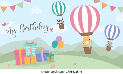 Happy Birthday cartoon card with air balloons,Vector Illustration,Birthday greeting cards with cute animals,Funny animals on hot air balloon