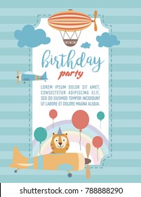 Happy Birthday cartoon card with air balloons and plane. Vector Illustration