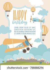 Happy Birthday cartoon card with air balloons and plane. Vector Illustration