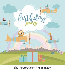 Happy Birthday cartoon card with air balloons and plane. Vector Illustration