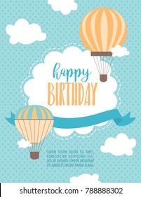 Happy Birthday cartoon card with air balloons and plane. Vector Illustration