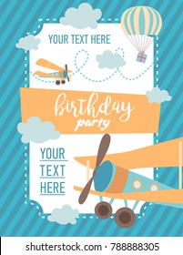 Happy Birthday cartoon card with air balloons and plane. Vector Illustration