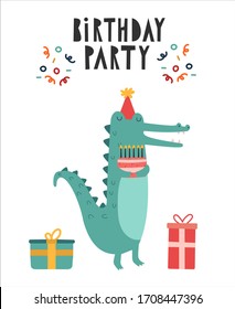 Happy birthday. cartoon crocodile, hand drawing lettering with decorative elements. Colorful holiday illustration. flat style. Design for greeting cards, print. SImple vector cartoon illustration
