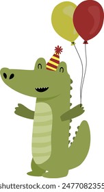 Happy Birthday, cartoon crocodile with birthday hat and balloons.