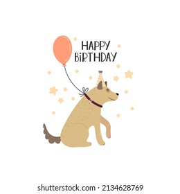 Happy birthday. cartoon dog, hand drawing lettering, decorative elements. colorful vector illustration for kids, flat style. baby design for greeting cards, print, posters, logo, cover