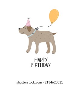 Happy birthday. cartoon dog, hand drawing lettering, decorative elements. colorful vector illustration for kids, flat style. baby design for greeting cards, print, posters, logo, cover
