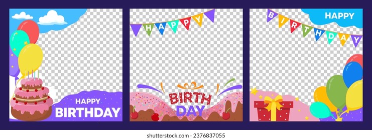 Happy Birthday cartoon frames set. B-day party photobooth props with cake, presents, balloons, garlands and confetti. Flat style design template for photo booth or party. Vector illustration