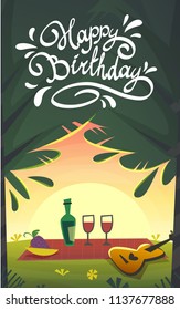 happy birthday cartoon funny card , picnic barbeque celebration bbq nature landscape of romantic lovely sunset park plants funny flowers and guitar vine party invitation . hand drawn lettering vector