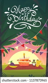 happy birthday cartoon funny card , picnic barbeque celebration bbq nature landscape of romantic lovely sunset park plants funny flowers and cake candle invitation party . hand drawn lettering vector