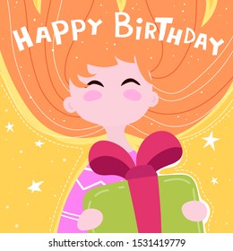 
happy Birthday. cartoon girl with a gift in her hands, hand drawing lettering, stars, decor elements on a neutral background. vector illustration. holiday theme. Design for greeting cards, prints, po