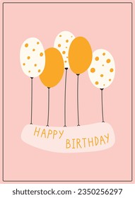 Happy birthday cartoon greeting card. Vector isolated flying banner with hot air balloons.