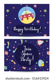 Happy birthday cartoon greeting card on space theme. Alien on flying saucer, colorful stars and planets, comets, rocket on blue background vector illustration. Invitation on childrens costumed party
