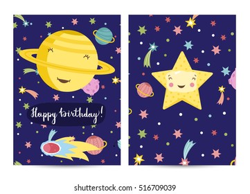 Happy birthday cartoon greeting card on space theme. Cute laughing star and smiling mustached Mercury surrounded comets and planets vector illustration. Bright invitation on childrens costumed party