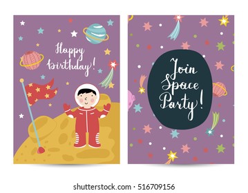 Happy birthday cartoon greeting card on space theme. Astronaut in spacesuit set flag on moon surface vector illustration on violet background vector. Bright invitation on childrens costumed party