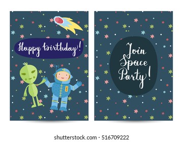 Happy birthday cartoon greeting card on space theme. Smiling astronaut with alien in cosmos among stars and comets vector illustration on blue background. Bright invitation on childrens costumed party