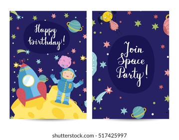 Happy birthday cartoon greeting card on space theme. Astronaut and rocket on moon, stars, planets, comets, aliens vector illustration on blue background. Bright invitation on childrens costumed party