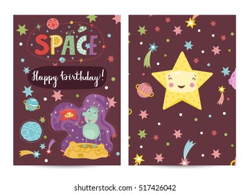 Happy birthday cartoon greeting card on space theme. Cute smiling star in cosmos, green friendly alien with flag, stars, planets and comets on brown background. Invitation on childrens costumed party