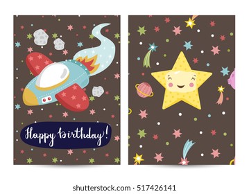 Happy birthday cartoon greeting card on space theme. Cute smiling star surrounded comets and planets, spaceship flying in cosmos vector illustrations. Bright invitation on childrens costumed party