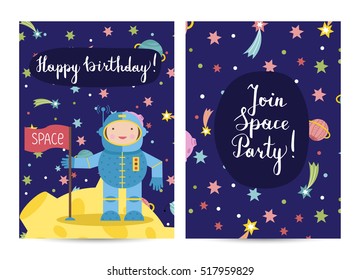 Happy Birthday Cartoon Greeting Card On Space Theme. Smiling Astronaut On Moon With Flag, Colorful Stars, Planets, Fiery Comets Around Vector Illustration. Invitation On Childrens Costumed Party