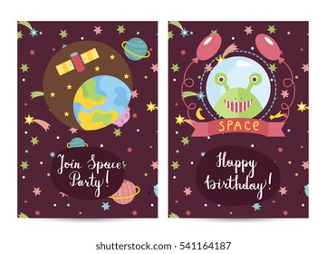 Happy birthday cartoon greeting card on space theme. Earth surrounded stars, planets, satellite, green alien smiling face in helmet with balloons vector. Bright invitation on childrens costumed party